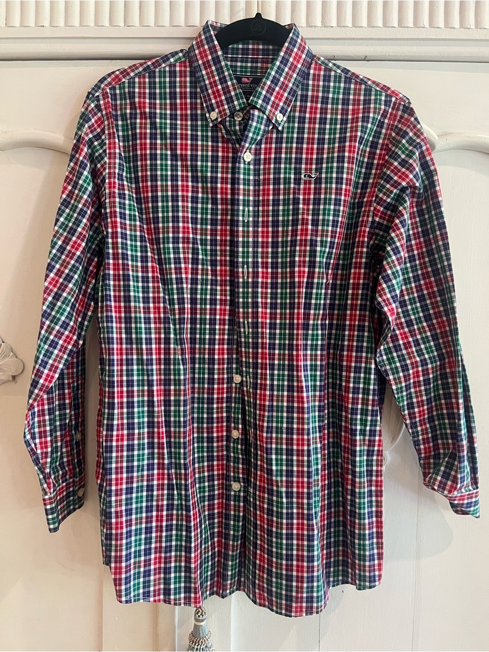 Vineyard Vines Boys Large Whale Shirt Red & Green Plaid Button-Down Shirt